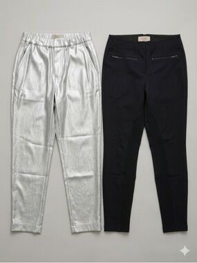 Zara Silver Metallic Leggings & Black Ponte Riding-Detail Leggings